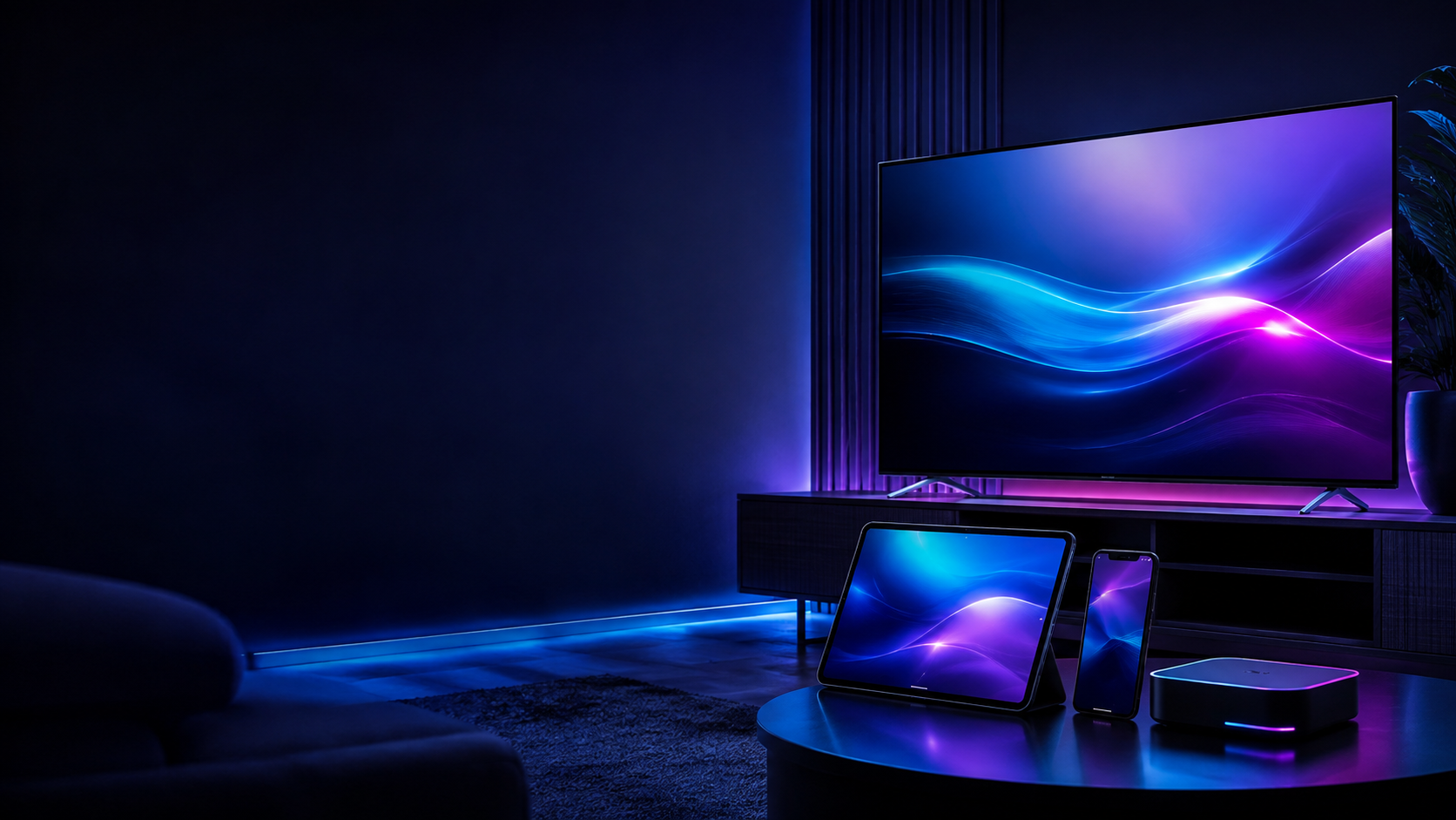 Télévision, tablette, téléphone et boîtier multimédia dans un intérieur moderne
